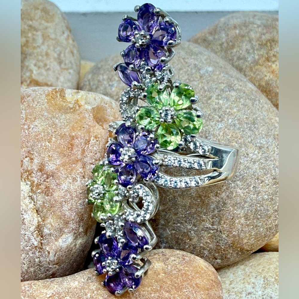 Amethyst Peridot Floral Cocktail Ring 5ctw Platinum SS Sz 6 NWT - Picture 7 of 16